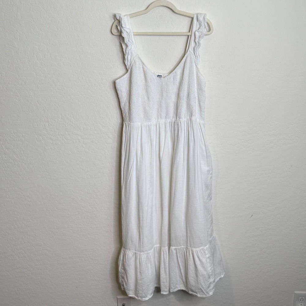 Old Navy Womens Cotton Midi Dress 2X White Smocked Eyelet Cottagecore Boho Flowy